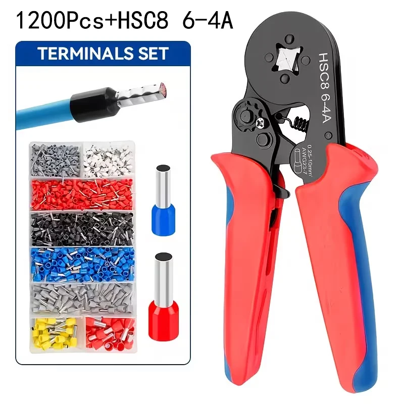 1200/1201pcs set of tubular terminal connectors, insulated VE tubular crimp terminal kit, includes HSC8 6-4A crimping pliers.