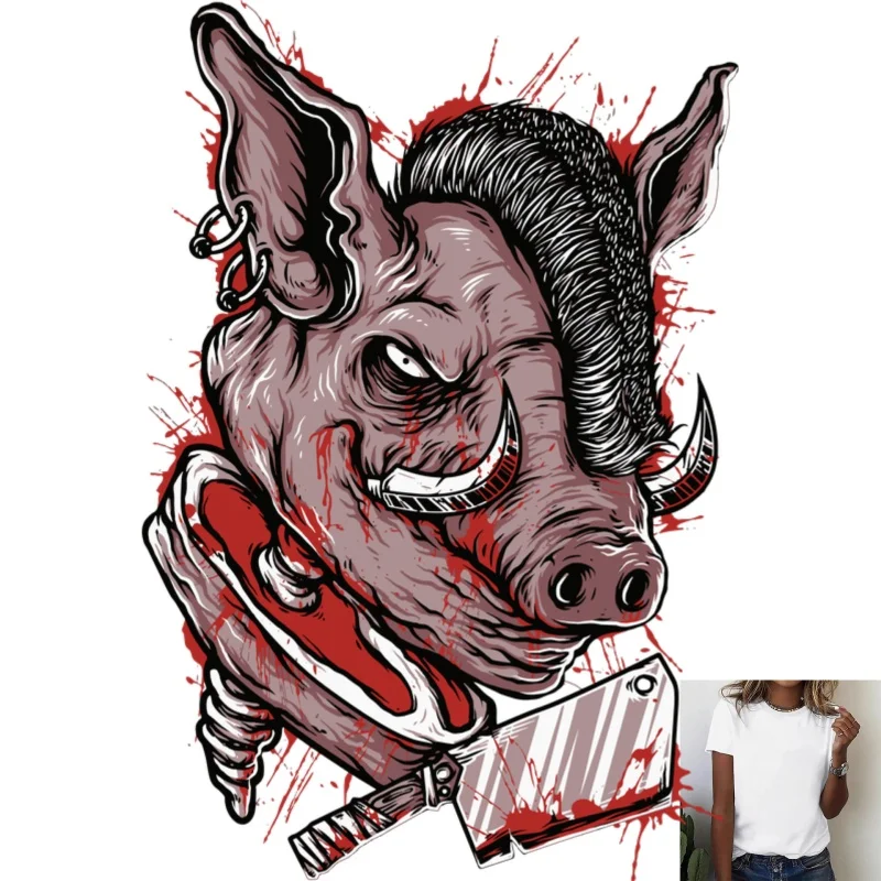 Cool Trendy Wild Boar Head Heat Transfer White Ink Iron - on Patch, Suitable for T - shirts/Canvas Bags, Dark Street Trend