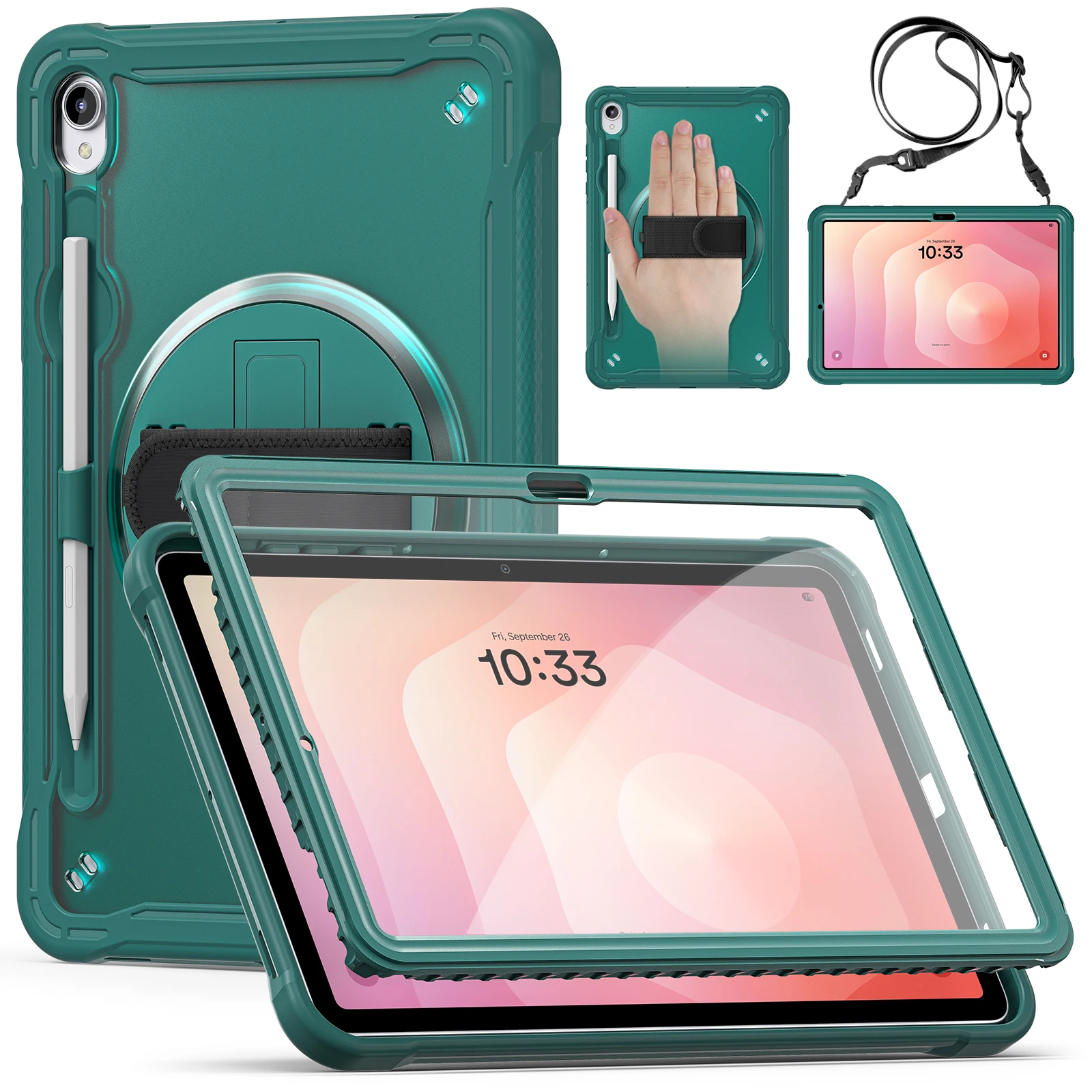 

For Samsung Galaxy Tab S11 Case Hand Strap Kickstand PC + TPU + Silicone Cover with Shoulder Strap - Midnight Green