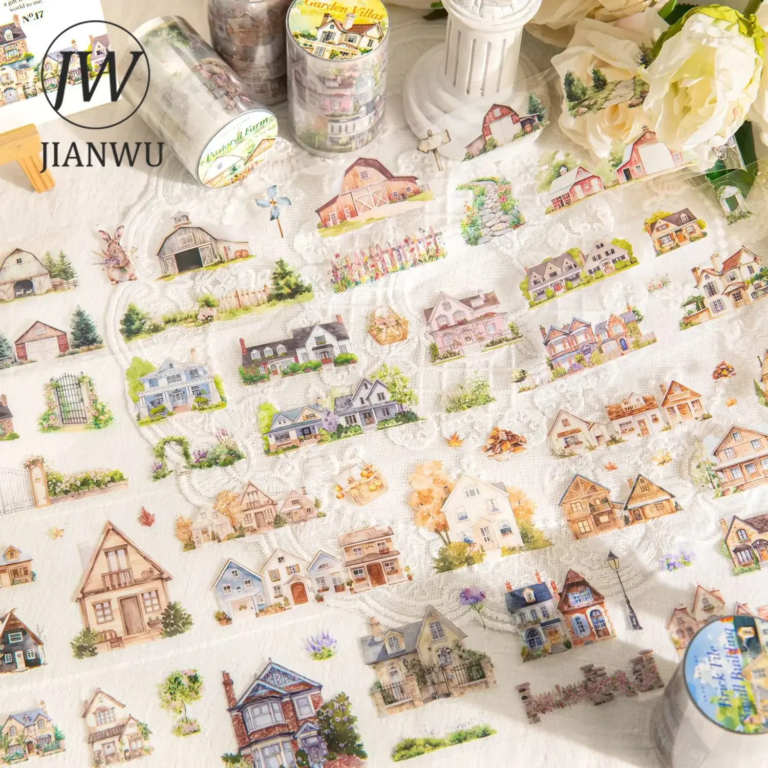 JIANWU 60mm*200cm House Landscape Story Series Cute Plant Building Material Collage PET Tape Creative DIY Journal Stationery