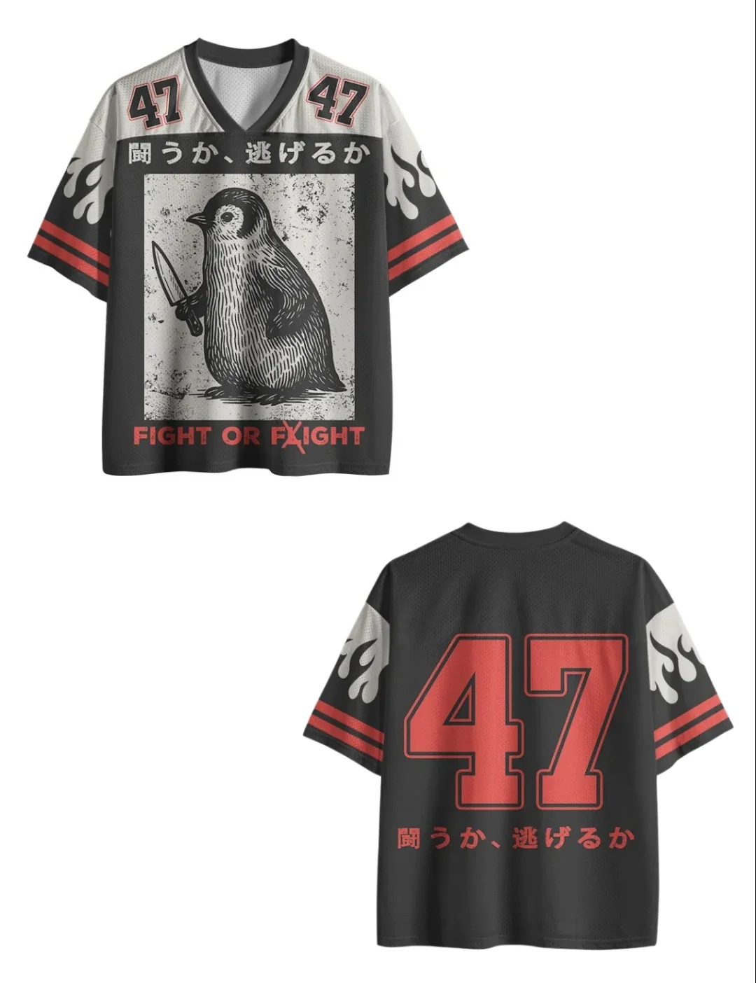 Adult and Kids' Subculture Edgy Penguin Punk 3D Printed Jersey, “Fight or Flight” Japanese-style Fun American Retro Short Sleeve