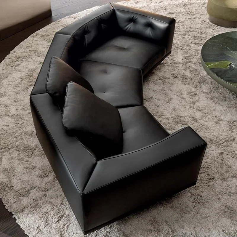 Italian minimalist leather sofa, simple large flat-floor hotel clubhouse corner sofa, sofa