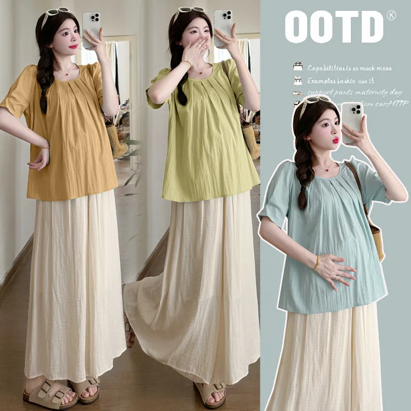 

Summer Maternity Set - Puff Sleeve Shirt & Palazzo Pants for Pregnant Women, Korean Style 2-Piece Outfit with Belly Coverage
