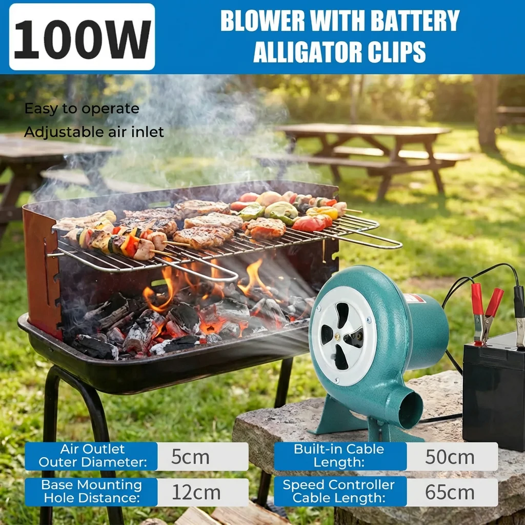 

100W Electric Blower Fan BBQ Blower,DC12V/AC 220V Car Blower Barbecue Vehicle Speed Controller Camping Fan BBQ Hair Dryer Tool