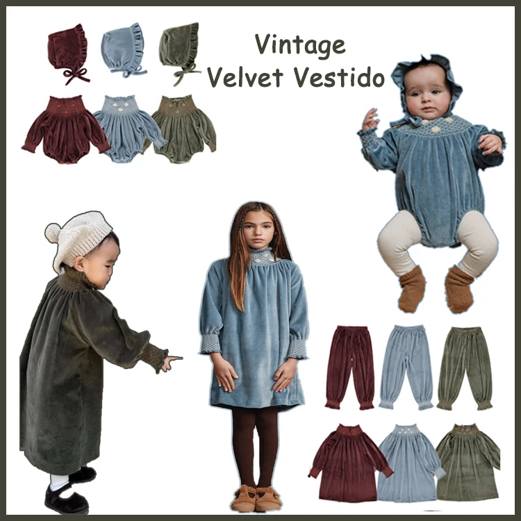 Children's Corduroy Bodysuit Dress Winter Bebe Baby Romper Newborn Embroidered Long Sleeve Pants Infant Vintage Velvet Vestido