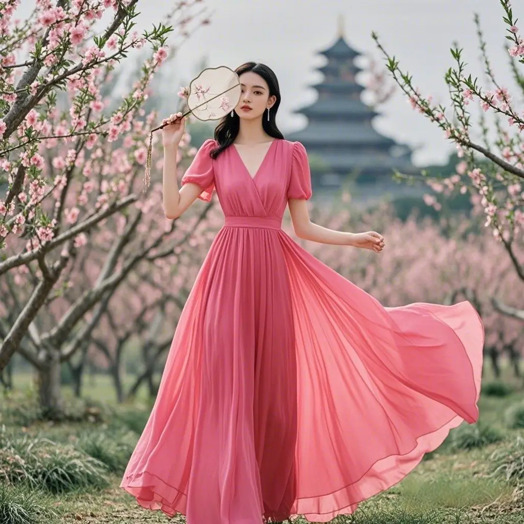 Boho Sommer Chiffon Strand Langes Kleid Frauen Mode Einfarbig V-ausschnitt Kurzarm Dance Abend Party Maxi Kleid 2023 Neue