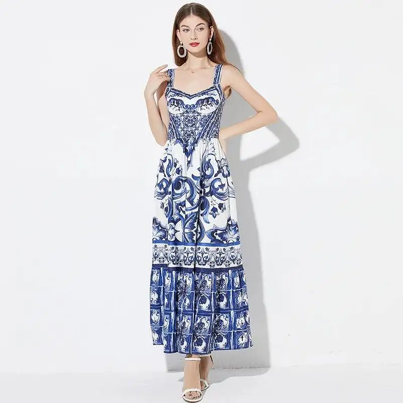 Runway Summer Holiday Long Dress Boho Women\'s Strap Blue And White Porcelain Print Sexy Sundress Elastic Backless Vestidos Robe