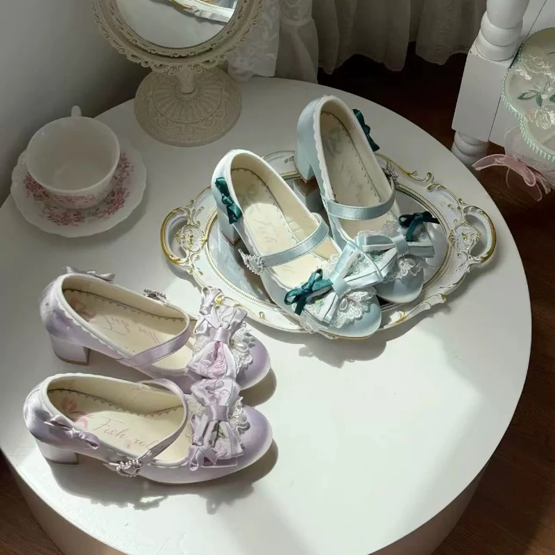 Chinese style original  porcelain 6CM thick high heel pointed high heels women's satin pearl elegant cla high heels lolita