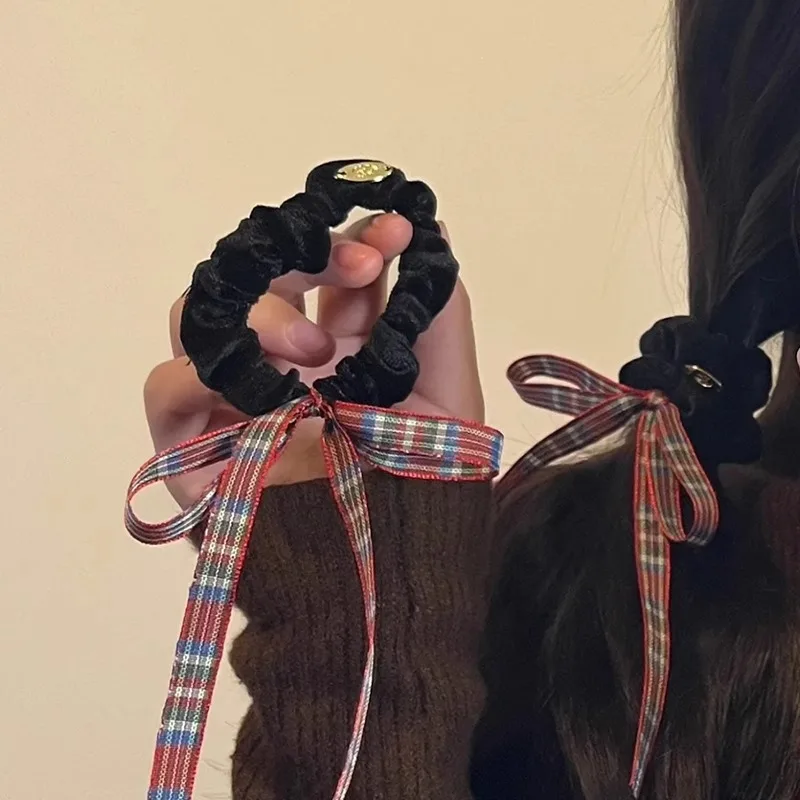 

Plaid Bow Hair Scrunchies Elastic Hair Scarf Black Hair Ties Bands Satin Hair Ribbon Scrunchy Red Ponytail Holder for Women Girl