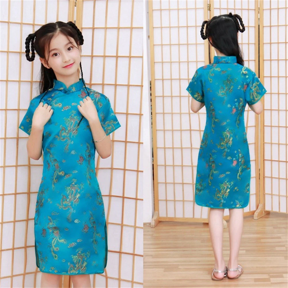 Children\'s Qipao New Summer Retro Princess Dress Chinese Style Girls\' Improved Short Sleeves Cheongsam Elegant Party Clothing