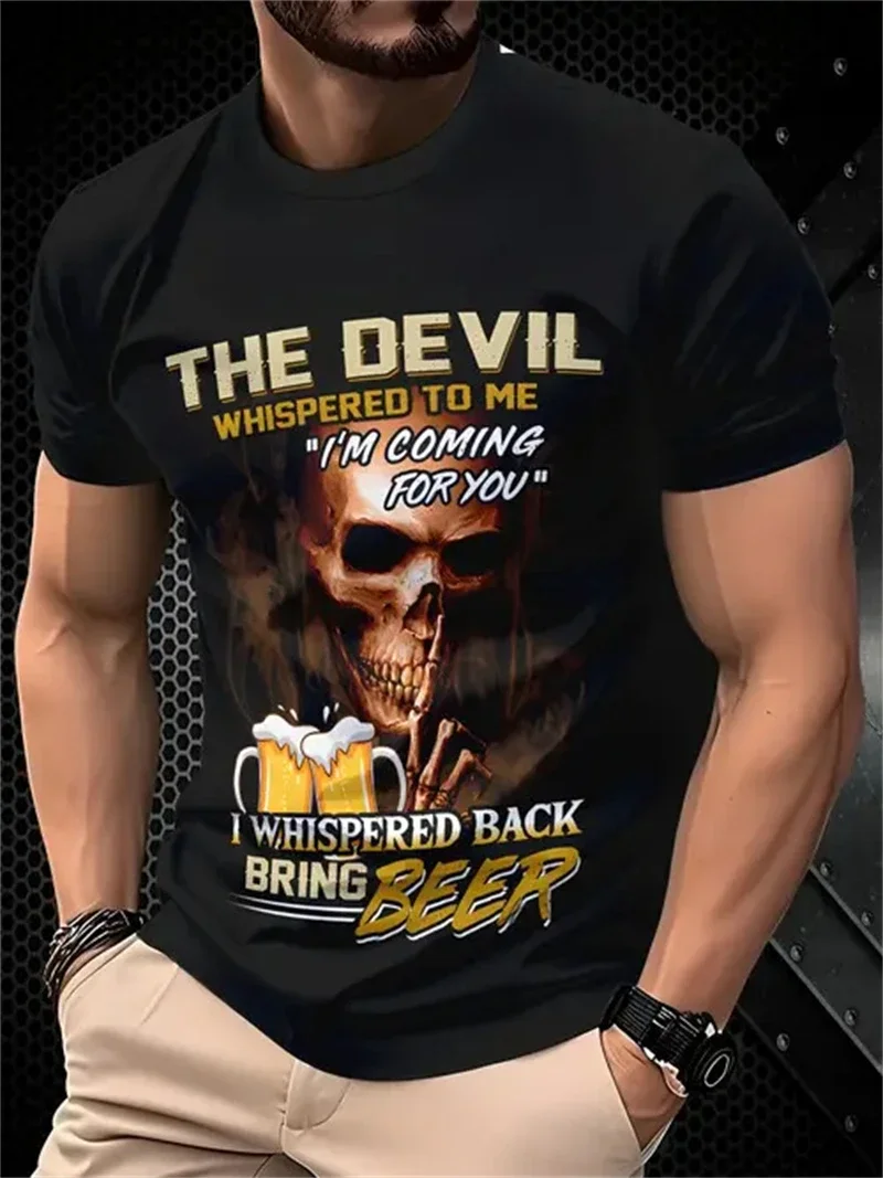 Herren-T-Shirt mit Devil Beer-Zitat-Aufdruck, Totenkopf-Motiv, Rundhalsausschnitt, kurze Ärmel, lässige Streetwear, atmungsaktives Oberteil