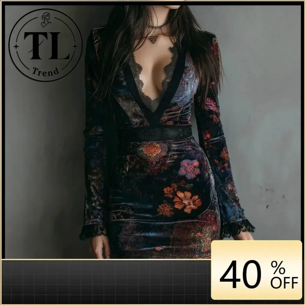 2025 European American Women Home Dress V Neck Lace Retro Silk Velvet Print Waist Slimming Cheongsam