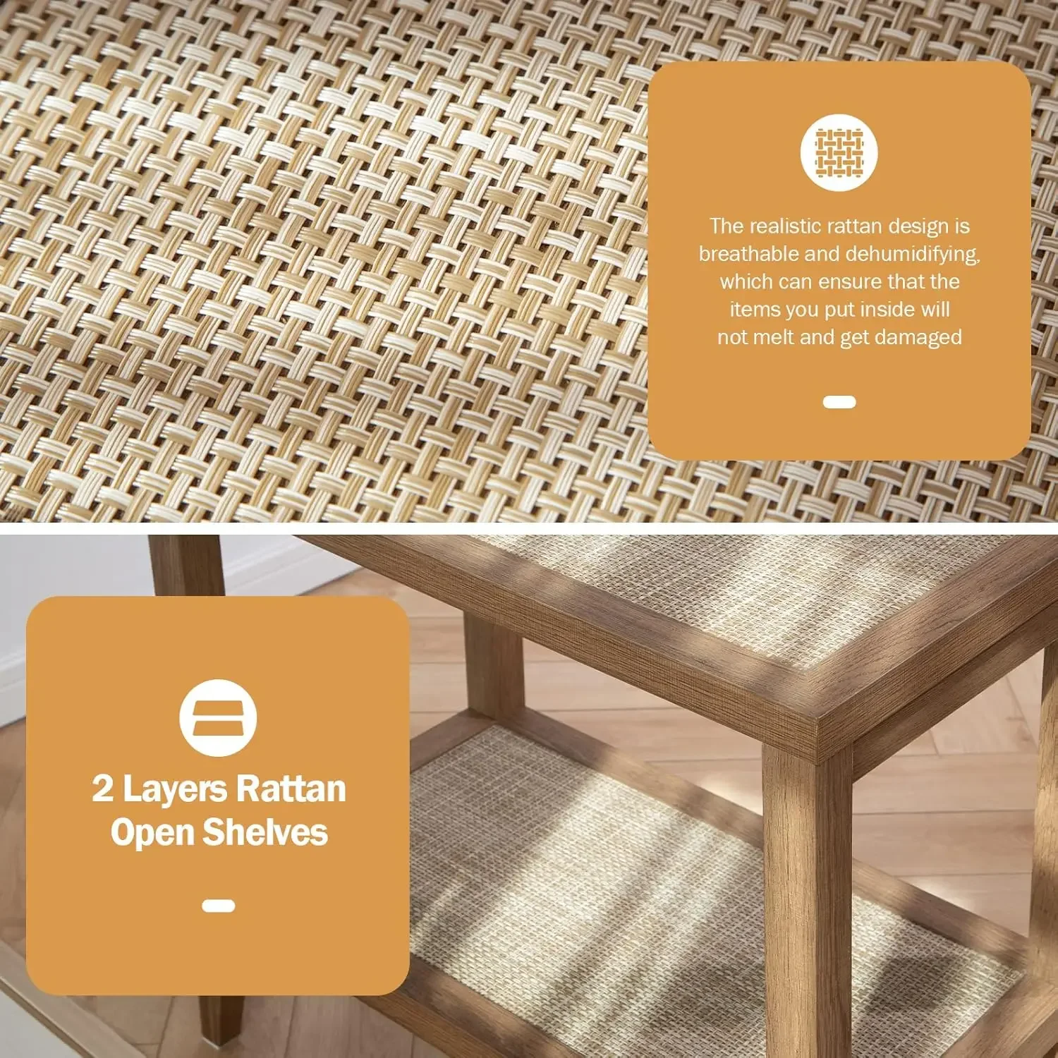 of 2 Bedside Table - Boho Narrow End Table Living Room Set of 2 Side Table with Rattan Storage Sh