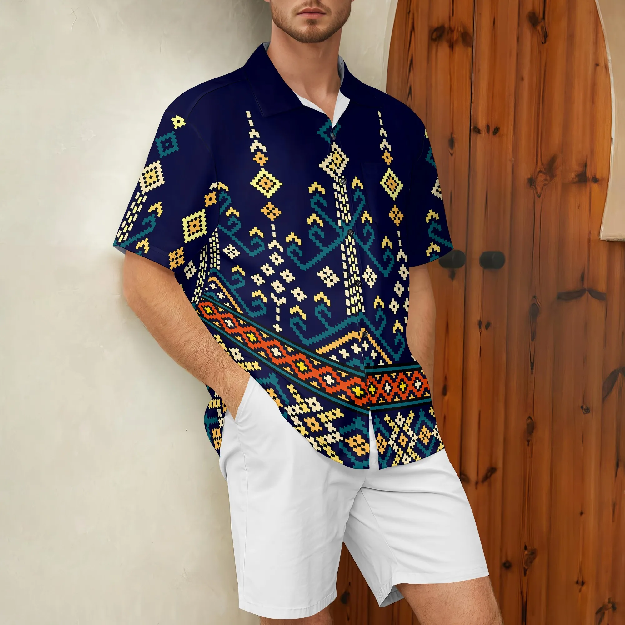 

YEAE Ethnic Pattern Print Shirt for Men Summer Casual Short Sleeve Top