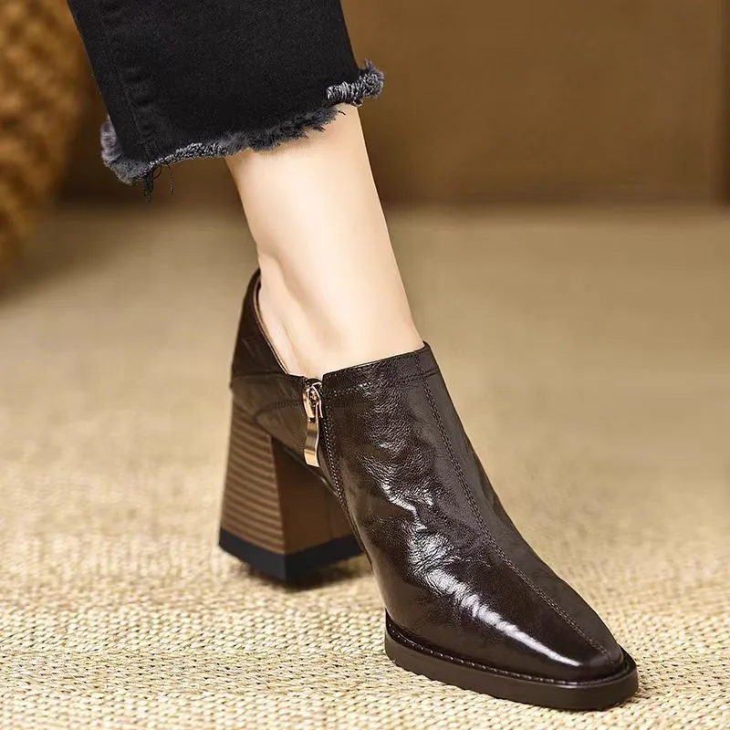 Woman Simple Shoes Sheepskin Retro Thick Heeled Basic Shoes on Heel French Style Loafers Spring Atumn Slip on Dress Work Pumps