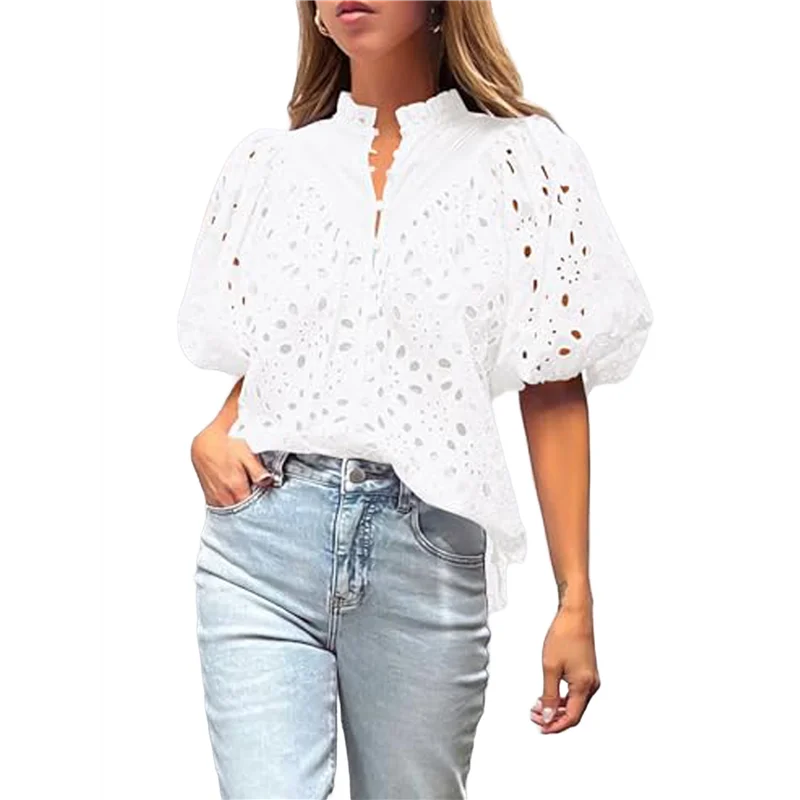 

ABRT-Women's Summer Tops 2025 Dressy Casual Short Sleeve V Neck Buttons Hollow Out Lace Embroidered Blouses Shirts