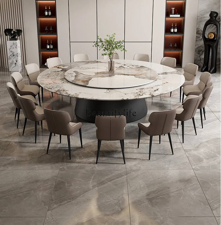 

Mild Luxury Marble Dining Table and Chair with Turntable Hotel Electric Large round Table