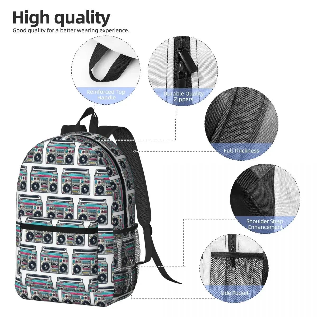 Retro Boombox For Music Recording Backpack Daypack Large Capacity Boys Girls BookBag School Bag Shoulder Bags for Men Women