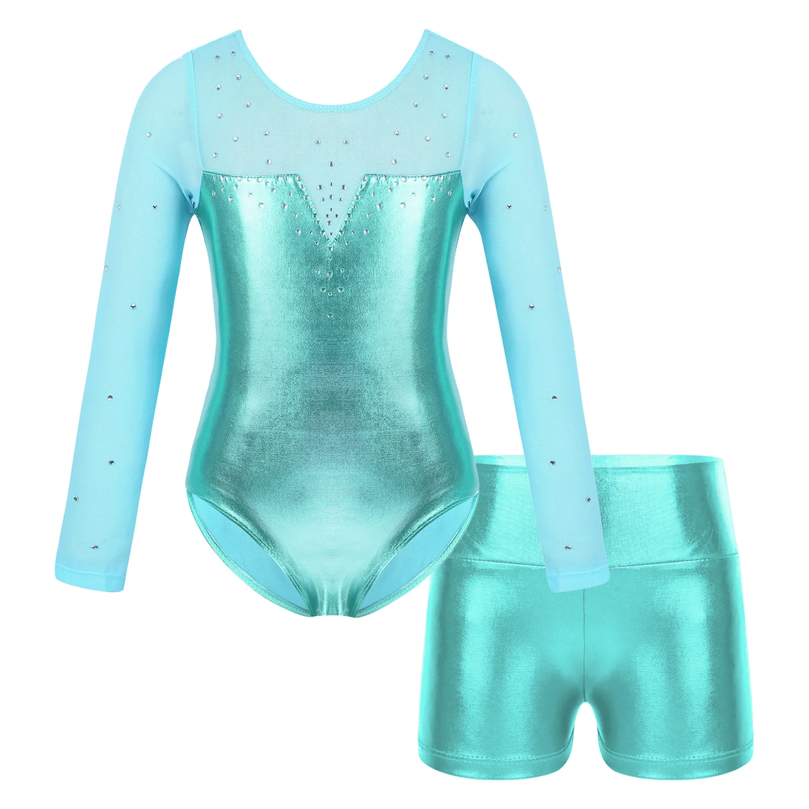 

Kids Girls Ballet Dance Gymnastic Leotard Outfits Long Sleeve Rhinestones Metallic Leotard + Athletic Short Sets Dancing Costume