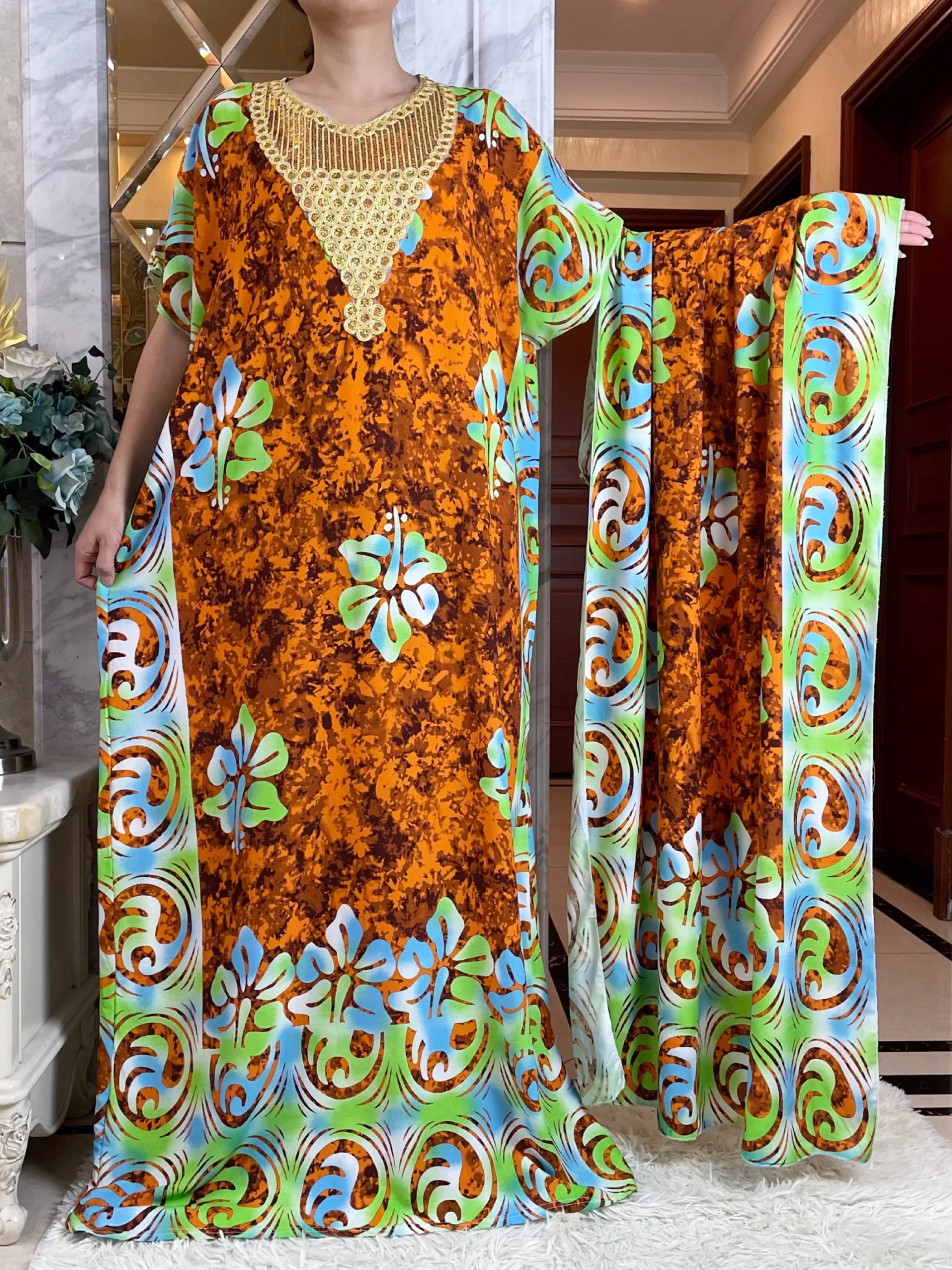 2024 Dubai Muslim Cotton Dress With Big Scarf For Women Loose Maxi  Robe Femme Musulmane African Summer Printing Floral Abaya