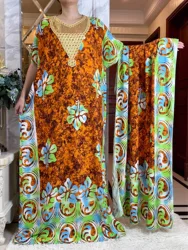 2024 Dubai Muslim Cotton Dress With Big Scarf For Women Loose Maxi  Robe Femme Musulmane African Summer Printing Floral Abaya