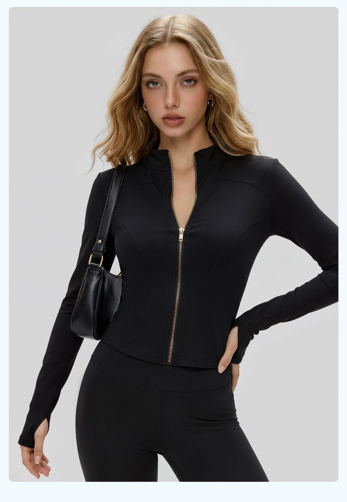 Damen Herbst-Sportjacke mit Stehkragen, Goldreißverschluss, Yoga-Oberteil, Figurbetont, Schlanke Passform, Damenjacke für Radfahren – Detail 17