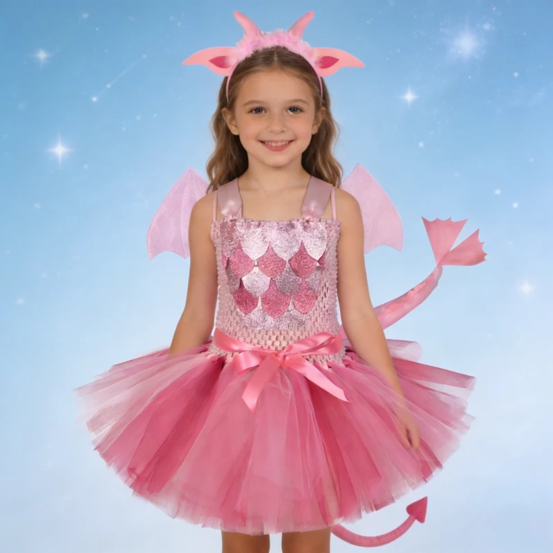 4-Piece Kids Dinosaur Dress Set, Pink Tulle Tutu Outfit for Kids Holiday Parties, Performance Clothes for Halloween and Christma
