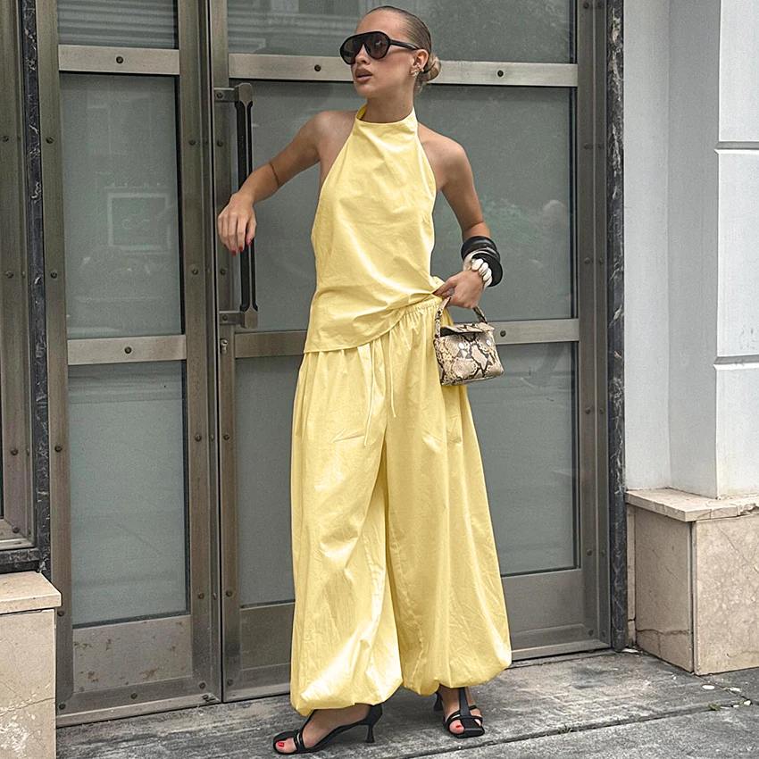 

Linad Элегантные хлопковые брючные костюмы 2026 Весенняя мода Топы на бретельках с брюками на шнурке Комплект из 2 предметов Женский повседневный свободный наряд