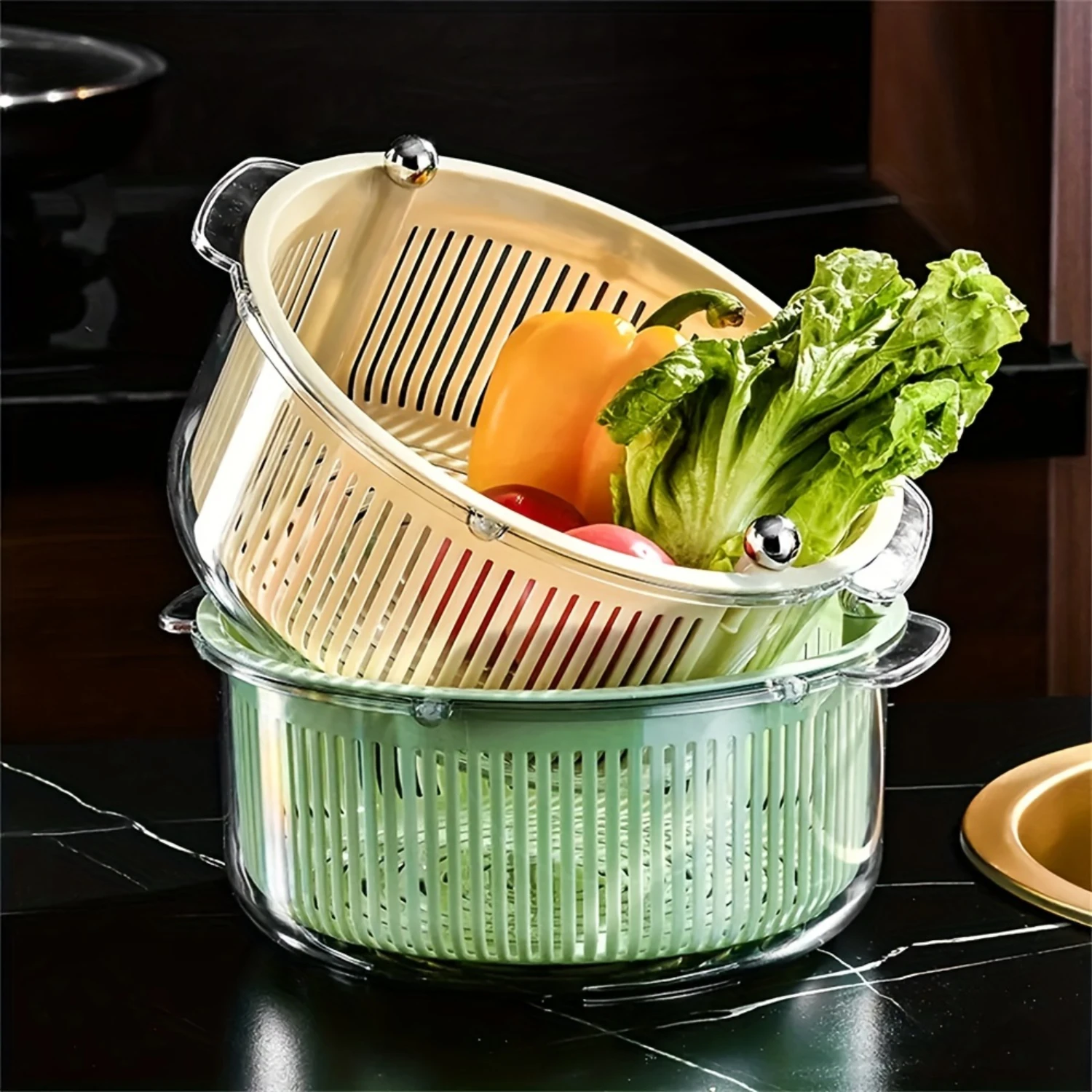 Multi-functional 2-Tier Kitchen Colander Basket with Dual Strainers for Convenient Washing & Draining of Vegetables & Fruits, BP