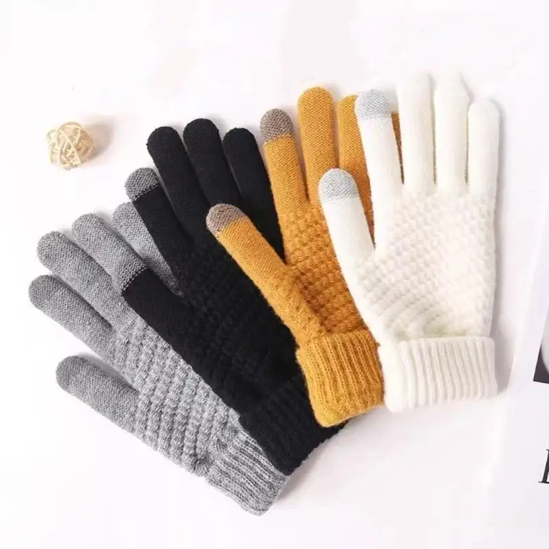 Women Men Warm Winter Touch Screen Gloves Stretch Classical Knit Mittens Wool Full Finger Outdoor Cycling Driving Glove
