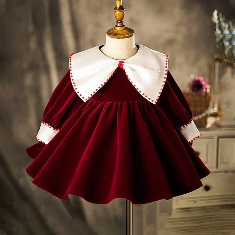 2025 New Long Sleeve Flannel Dress for Children's First Birthday Party Puffy Girls' Princess Dress Girls' Evening Dress