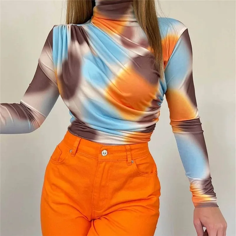 New in Tye Dye Sexy T-shirts Women Full Sleeve High Neck T Shirt Autumn Spring Clothes Pullovers Casual Fit Tees Female Clothing