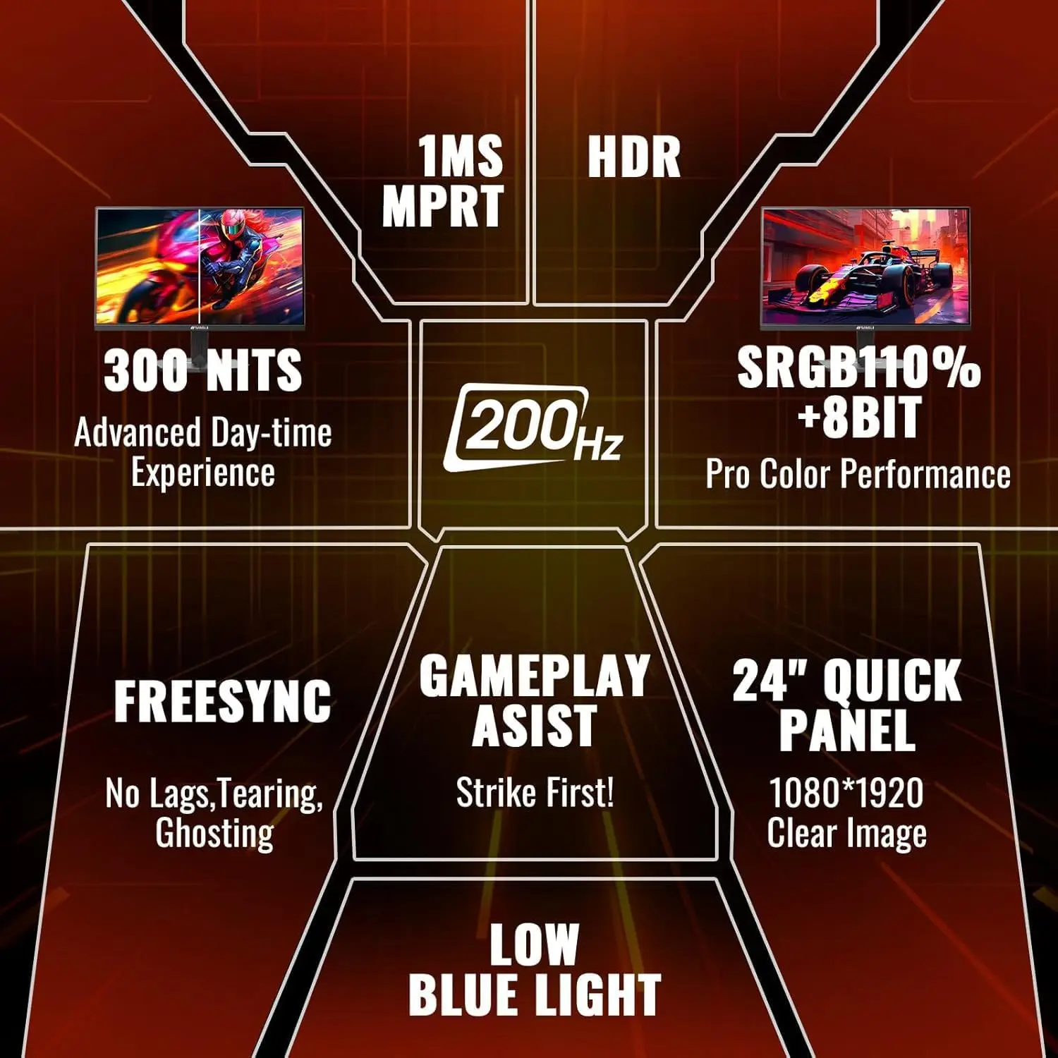 24 Inch Gaming Monitor 200Hz 1Ms FreeSync HDR 110% sRGB FHD 1080P Computer Monitor HDMI DP Ports Eye Care Frameless VESA Mount