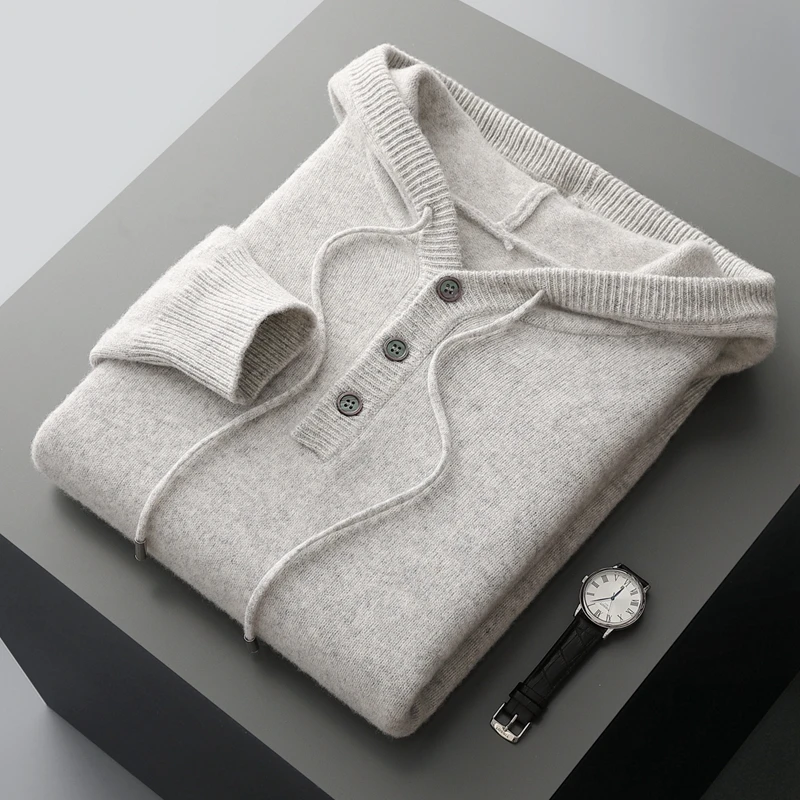 Autumn And Winter New Pure Wool Men's Hooded Sweater Thickened Warm Knit Loose Cashmere Bottoming Shirt