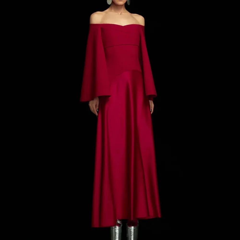 

Custom Made High Quality Long Sleeve Boat Collar Modern Draped Evening Bridal Dress Backless Floor Length Prom Party Dress