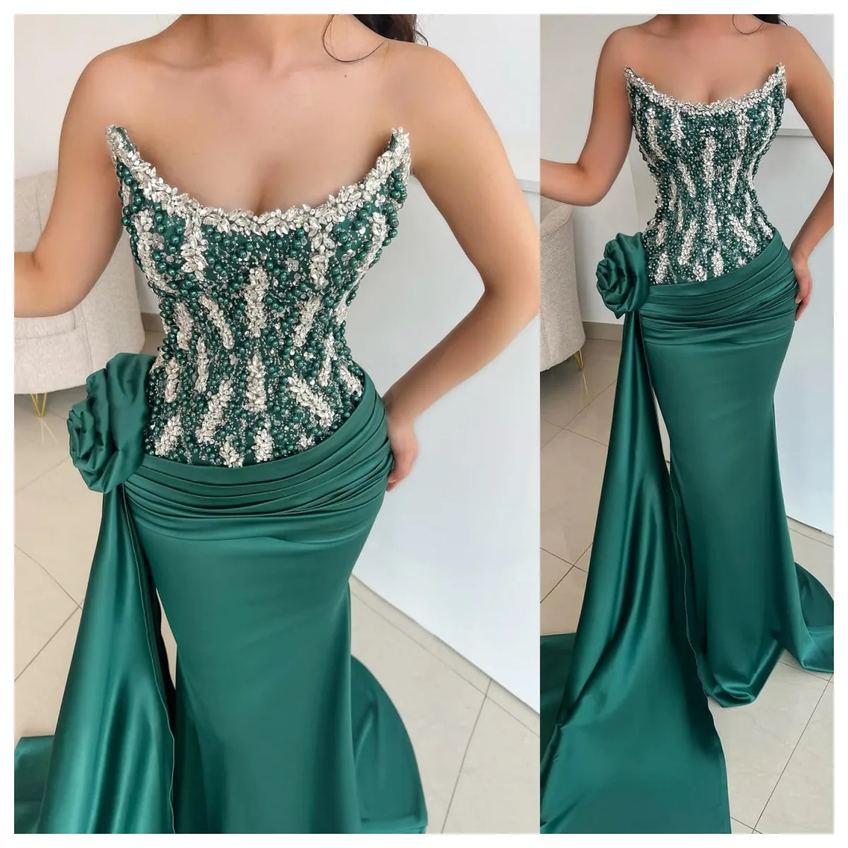 

Модное зеленое платье с открытыми плечами и кристаллами Haute Couture, роскошное длинное платье для выпускного вечера без рукавов с бисером и цветочным шлейфом по индивидуальному заказу