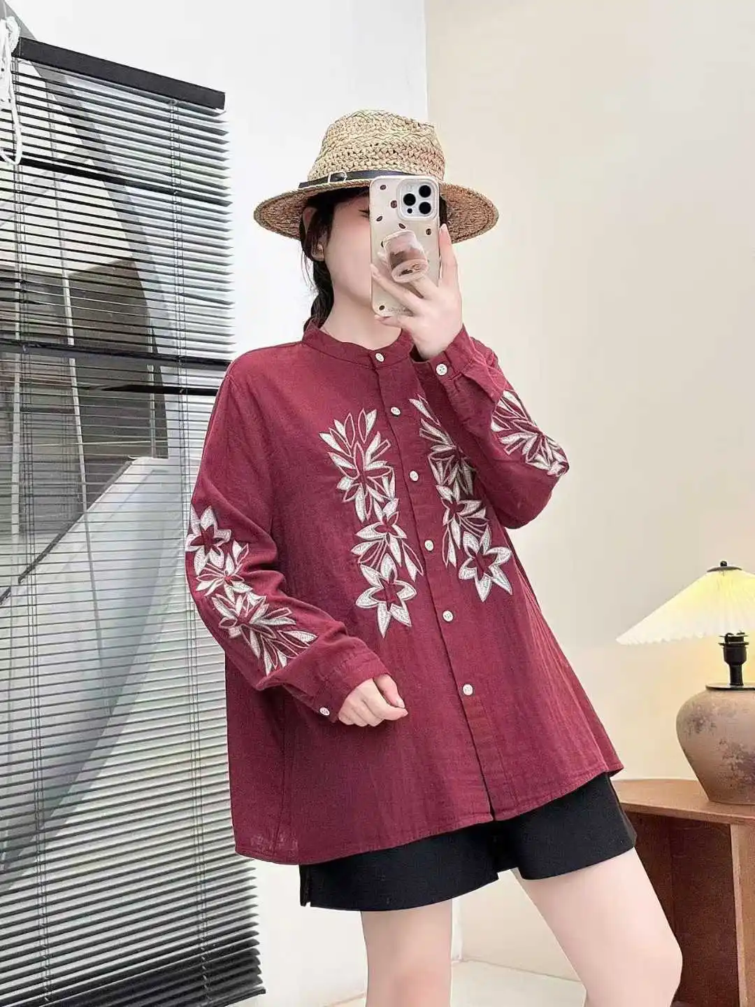 Abbigliamento da donna Mori Kei Camicie in filato di cotone con ricamo etnico Autunno Nuovo colletto alla coreana Manica lunga Camicetta allentata casual Top