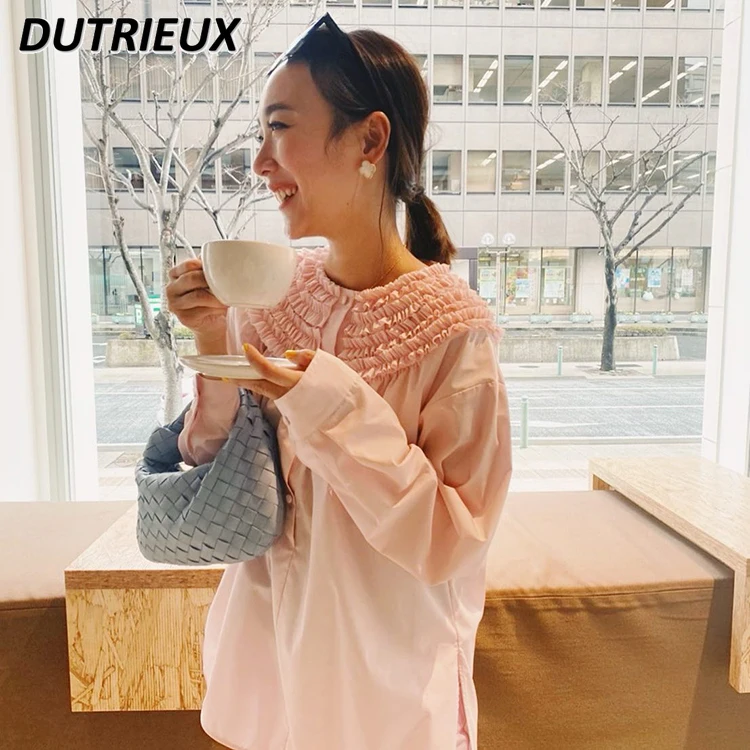 

Japanese Style Sweet Pleated Solid Color Women's Loose Shirt Side Slit Casual All-match Lady Cotton Blouse Spring Autumn Tops