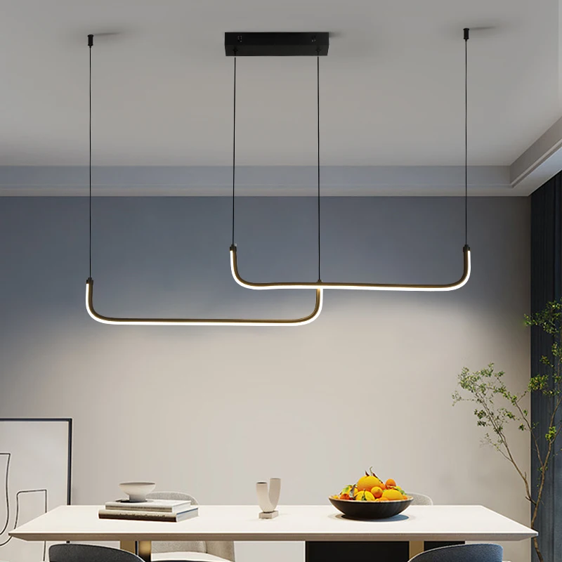 Modern Pendant Light For Kitchen Living Room Fixture For Dining Room Adjustable Minimalist LED Height Black Linear Hanging Lamp