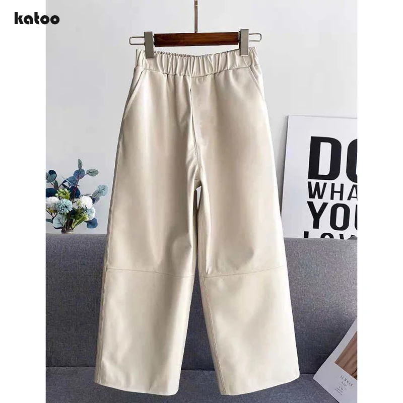 Khaki/White Leather Pants Autumn Winter Women Sheepskin High Waist Elastic Loose Slim Straight Leg Trousers Can be Customized