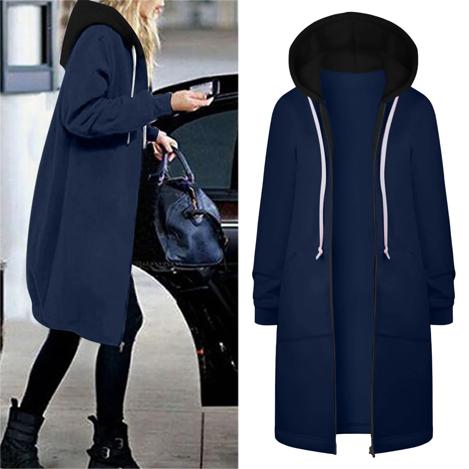 

Warm Women's Outwear With Pockets Zipper Hooded Cardigan Sweatshirt Solid Color Slimming Fit Long Jacket Coat Causal Fashion Top