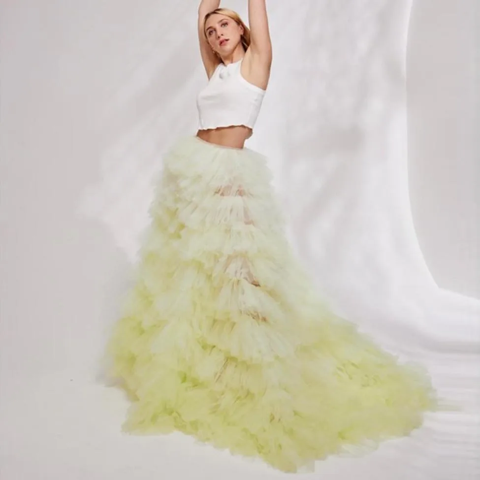 Chic Light Yellow Tulle Ball Gown Gradient Color Long Lush Evening Skirt With Train High Waist See Through Prom Skirt For Event