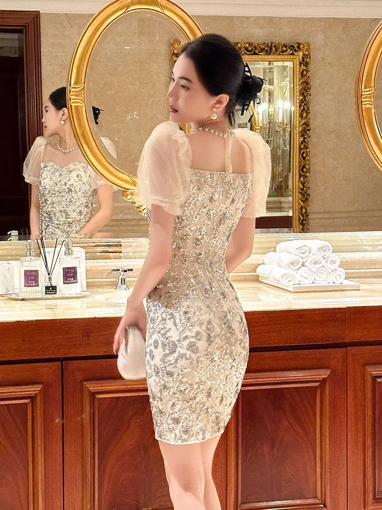 French Heavy Industry Elegant Mesh Splicing Sequins Round Collar Puff Sleeves High Waist Slim Fit Hip-wrapped Short Dress Women