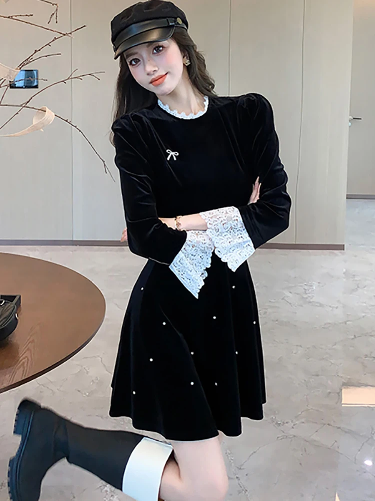 Robe longue en velours noir à volants et perles, tenue de soirée de luxe, Vintage coréenne, élégante, moulante, automne hiver 2025