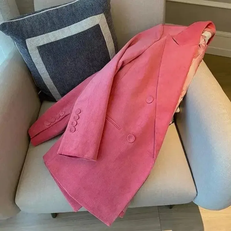 Insozkdg 2024 autunno inverno New Pink velluto a coste maniche lunghe giacca da donna Chic Design Sense High-End Blazer vendita calda Lady Top