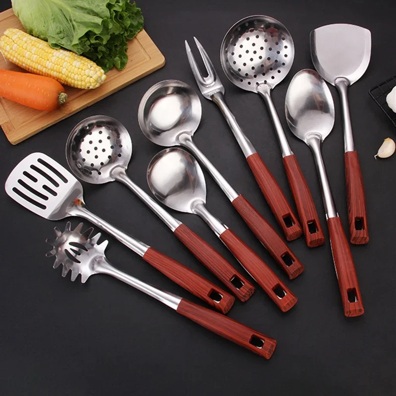Espátula para freír con mango de madera, cuchara para lengua, tenedor de carne para barbacoa de acero inoxidable, colador, accesorios de cocina