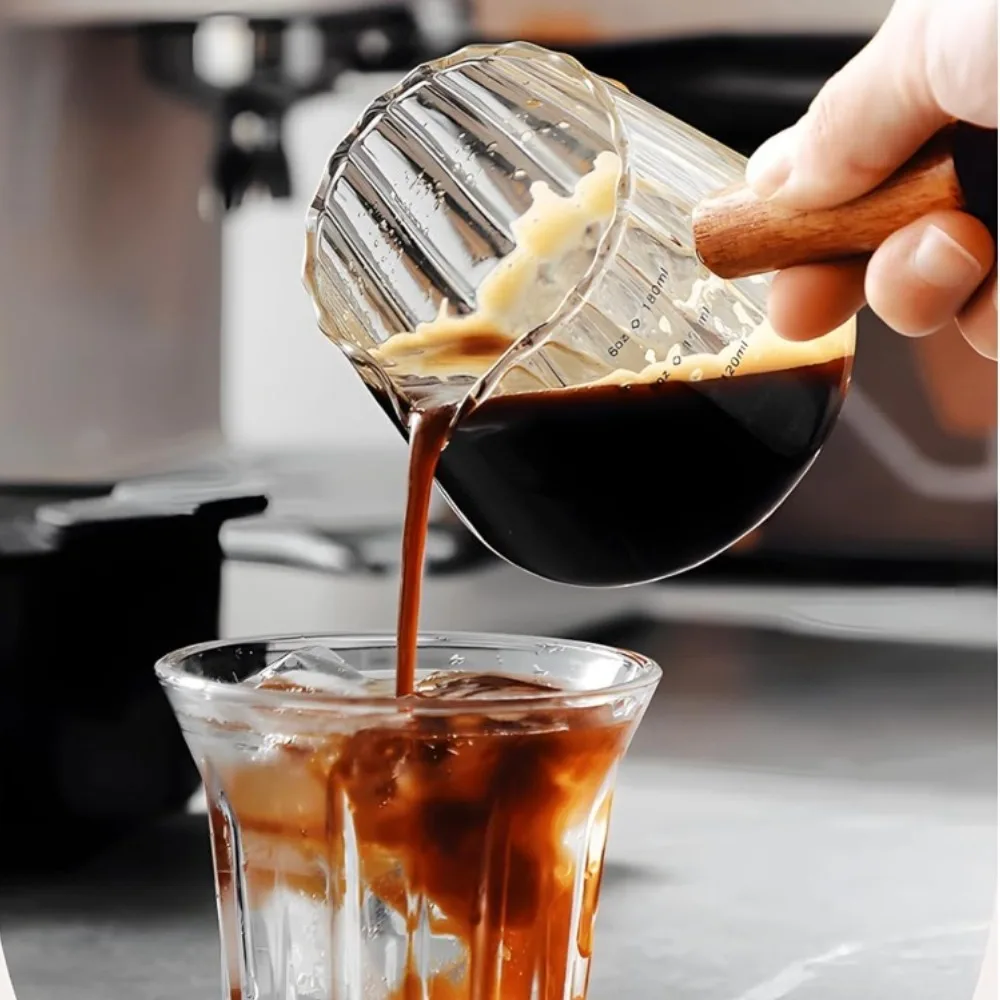 6oz Glass Measuring Cup with Spout Graduated Espresso Triple Shot Origami-style Espresso Shot Glass with Wooden Handle