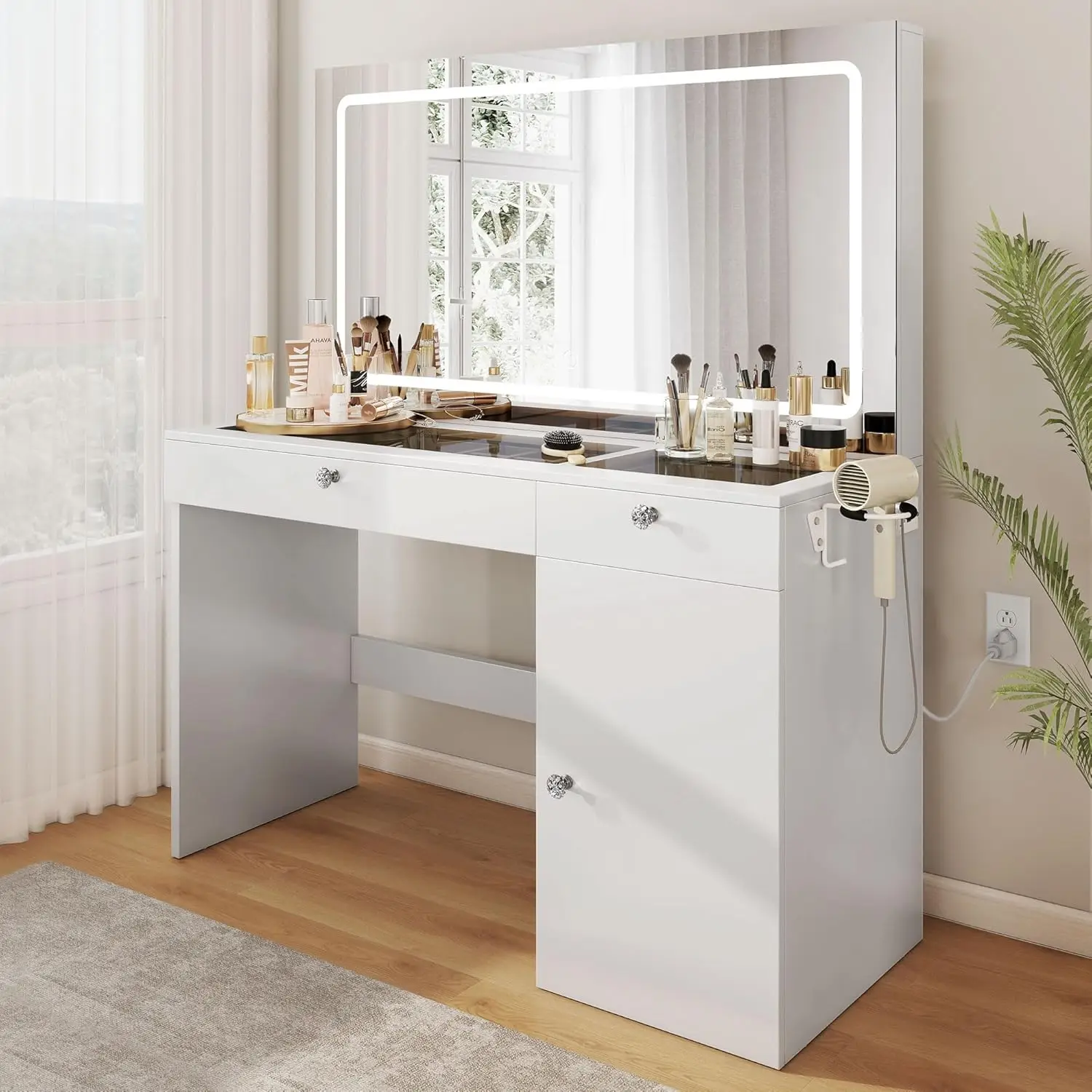 DWVO Vanity Desk with Power Outlet, Large 47 Inches Vanity Table with 3 Color Modes, 4 Layer Storage