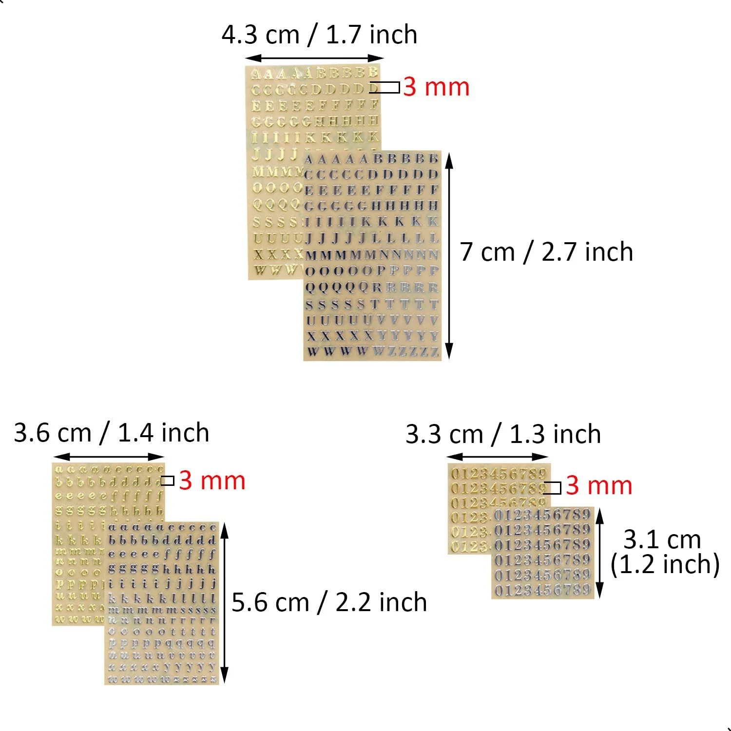 6 fogli adesivi con numeri alfabeto piccoli da 0.12 pollici adesivi con lettere autoadesive in lega glitterata oro/argento (3mm)