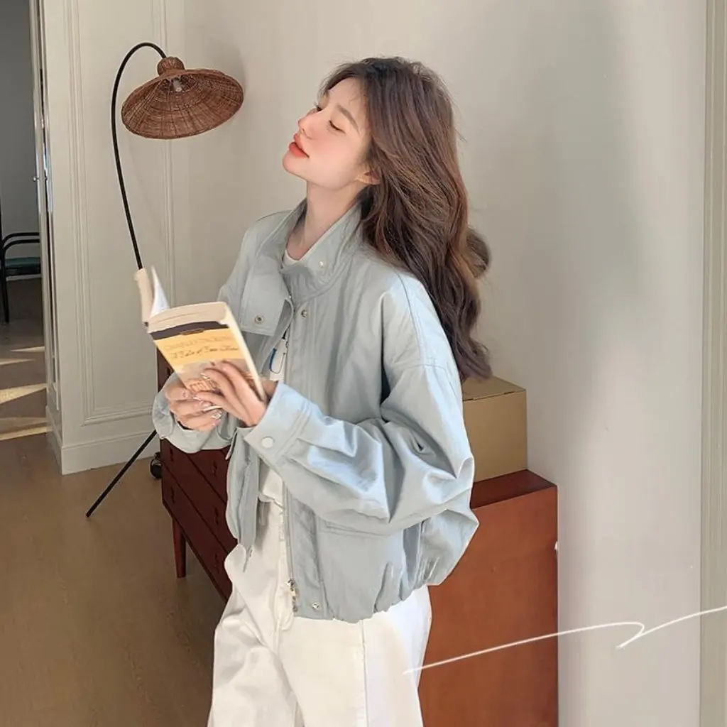 

Light Blue Casual Style Leather Jacket for Women PU All-Match Age-Reducing Spring New Fashion Outerwear